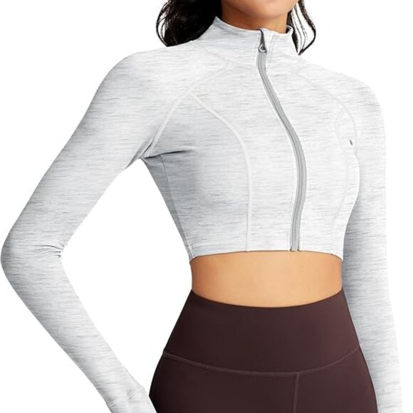 Fitted Cropped Zip Hoodie Jacket Thumb Holes Gray White L - Picture 10 of 12